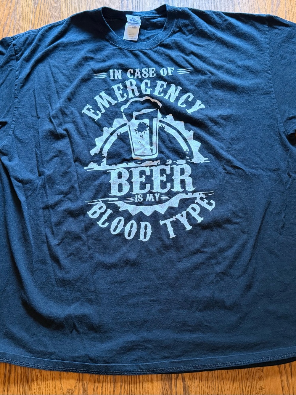 Gildan Navy T-Shirt with Light Blue Beer Graphic and Slogan